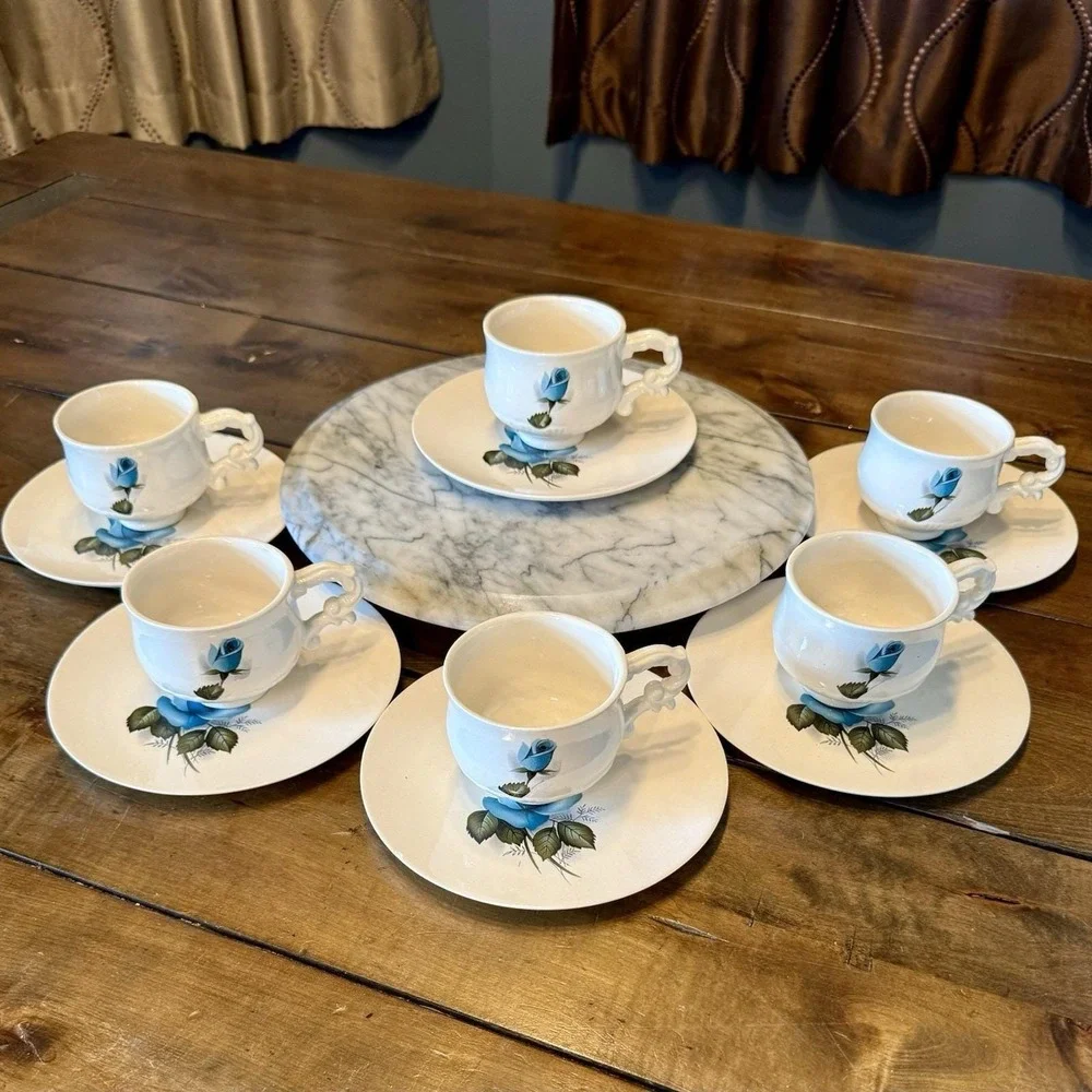 12pc VTG English Bridgerton Porcelain Tea Cup‎ & Scone Plate Set Blue Roses Rose